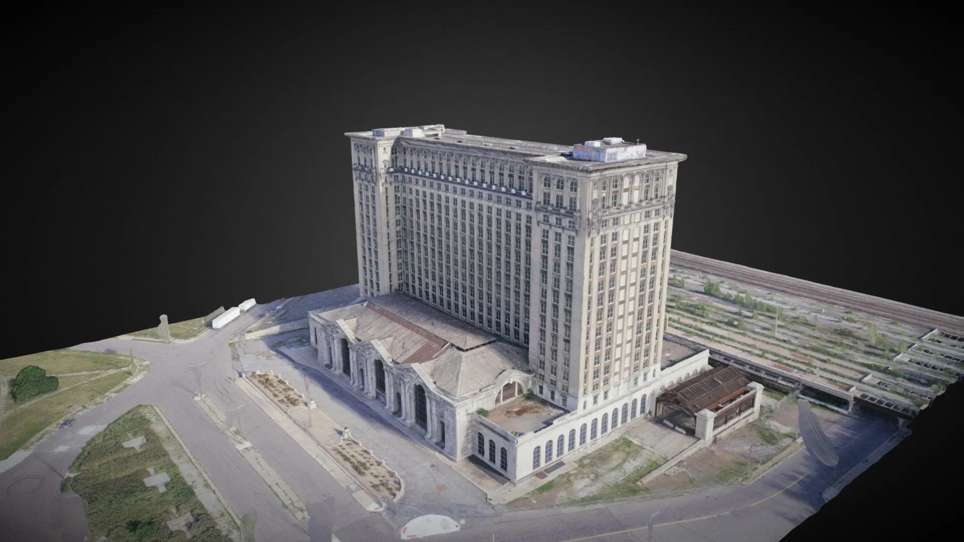 Photogrammetry-processed 3D model of a building generated from drone orbit capture